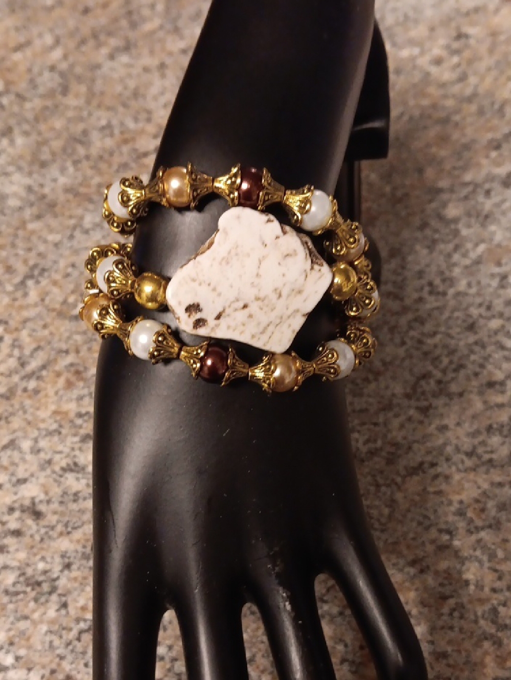 Homemade Three Tier Gold-Tone Beaded Bracelet with White Stone Accent